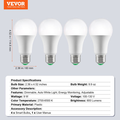 VEVOR Smart Light Bulbs, 4-Pack, 9W Multicolor LED Bulbs, 800 Lumens With Smart Control Compatibility For Vera, Google Assistant, Amazon Alexa, IOS, Android, RGB Color Changing